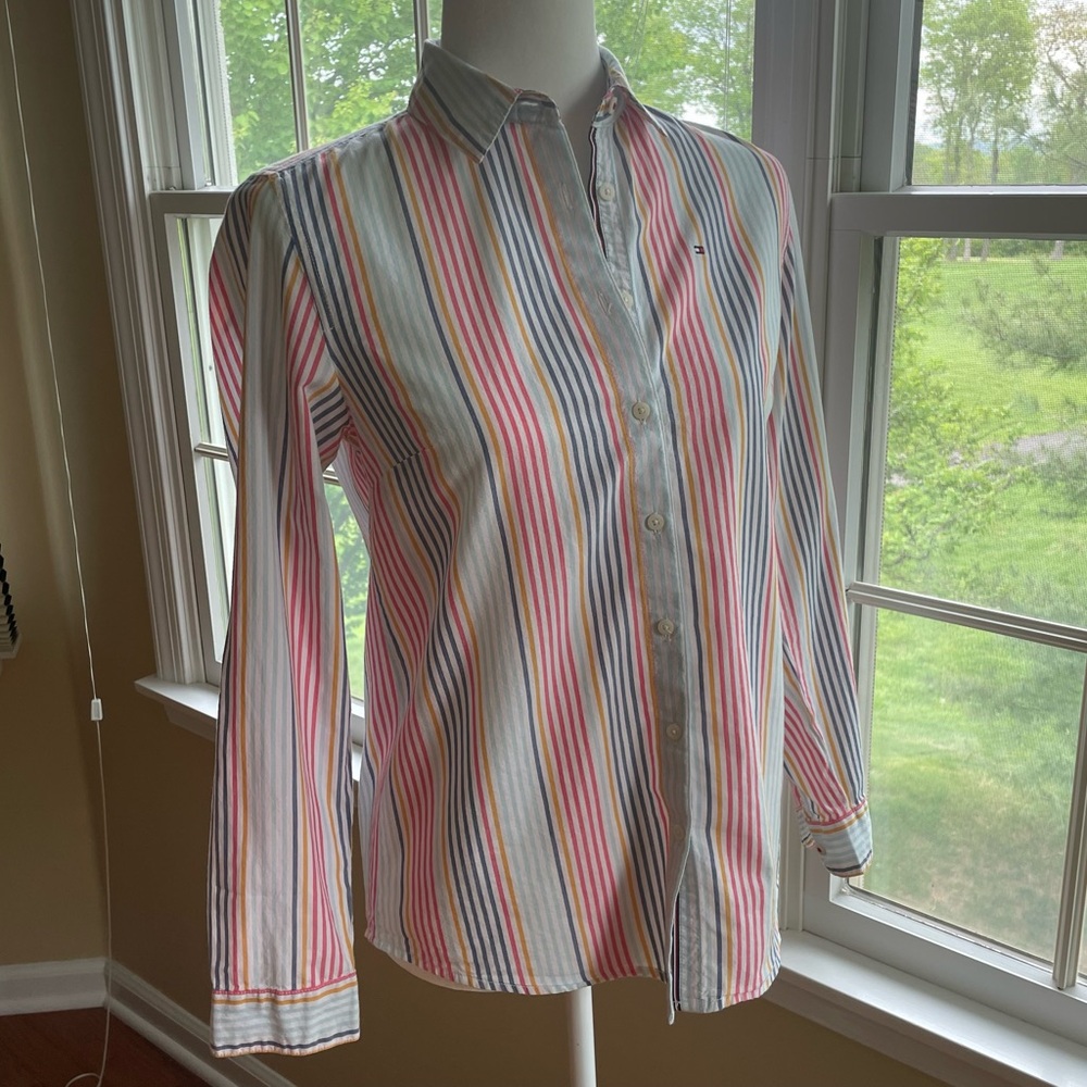 Tommy Hilfiger Long Sleeve Multicolor Stripe Button Up w Cuff Sleeve Option
